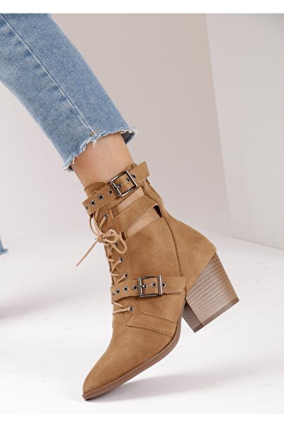 Bej Ayakkabı Women's Coco Buckle and Tie Detail Back Zipper Heeled Boots Camel