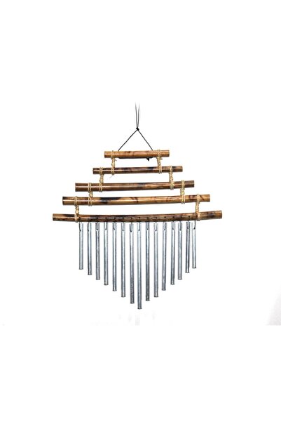 Tam12 Ahşap Bambu Rüzgar Çanı Metal Uçlu Doğal Armoni Sesli Balkon Bahçe Kapı Süsü