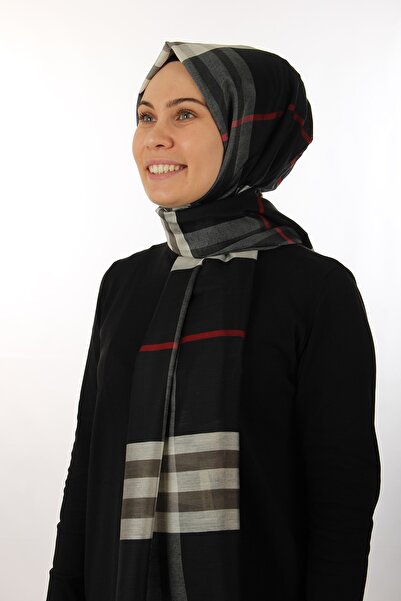 Sima Siyah-kırmızı Burberry Ekose Desen Ipek Şal