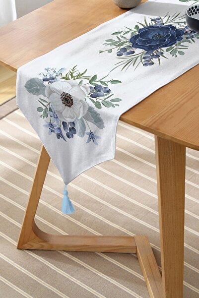 Realhomes Pastel Mavi Gül Desenli Dijital Baskılı Dekoratif Püsküllü Şönil Üçgen Runner