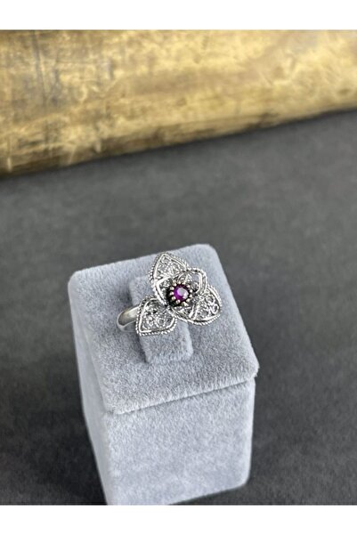 BEY SİLVER Telkari Yakut Taşlı Çiçek Gümüş Kadın Yüzük