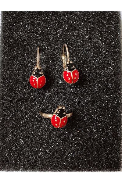 Yeşim Aksesuar Ladybug Children's Earring and Ring Set, Allergy-Free Children's Ring and Earring Set