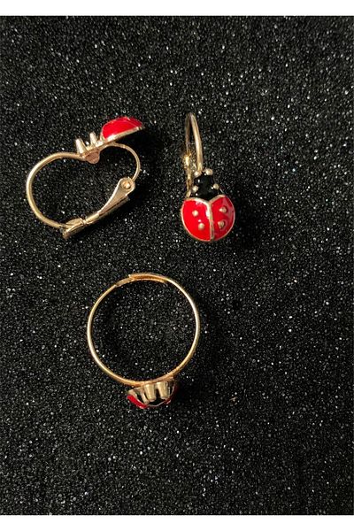 Yeşim Aksesuar Ladybug Children's Earring and Ring Set, Allergy-Free Children's Ring and Earring Set