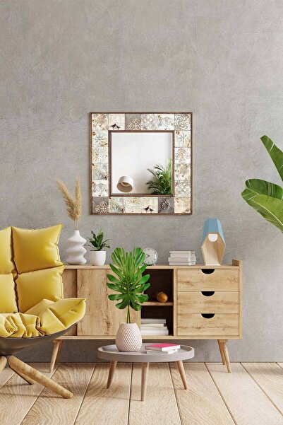 bluecape Bavyera Doğal Ağaç 62x62 Cm Antik Limra Taş Çerçeveli Dekoratif ayna
