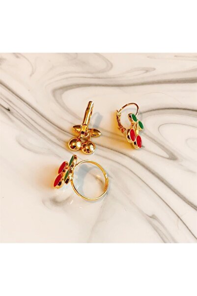 Yeşim Aksesuar Kirazlı Çocuk Küpe Ve Yüzük Set, Alerji Yapmayan Çocuk Yüzük Ve Küpe Set