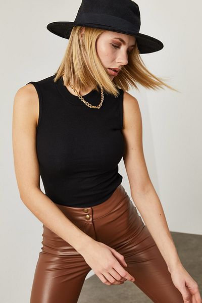 XHAN Women's Black Half Turtleneck Camisole Blouse 0YZK2-10384