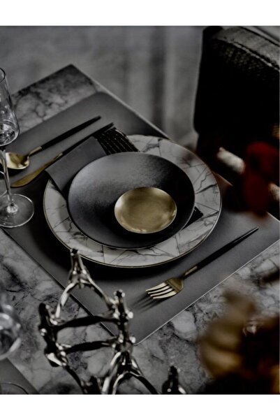 Yumak Dekor Grup 6 Kişilik 12 Parça Dikdörtgen Koyu Gri Deri Amerikan Servis Supla Placemats