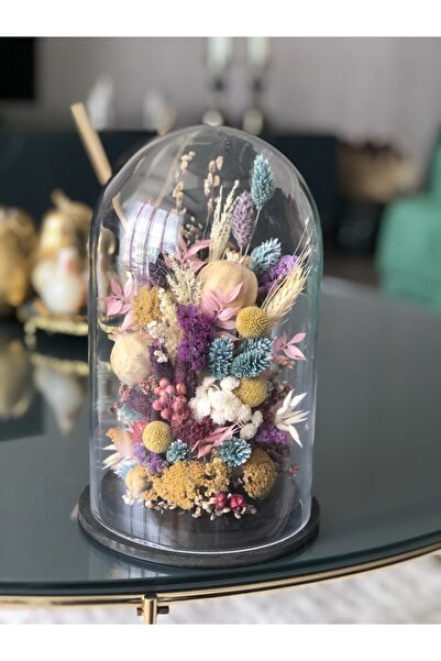 alafloral Cam Fanusta Solmayan Gül Ve Kuru Çiçek Aranjmanı