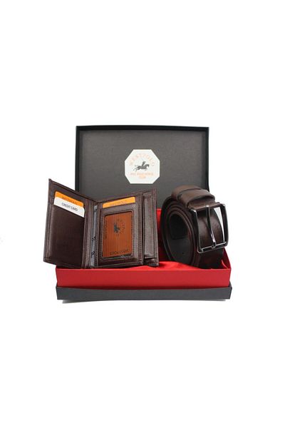 WEST POLO CÜZDAN Sada opasku a peněženky West Polo Brown z pravé kůže