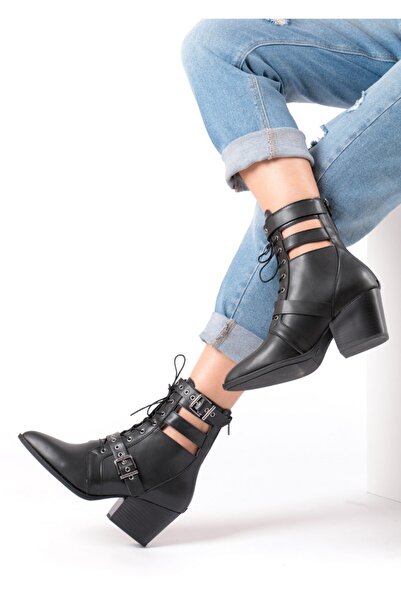 Bej Ayakkabı Women's Coco Buckle and Tie Detail Back Zipper Heeled Boots Matte Black
