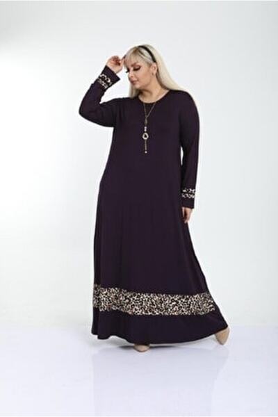 ZTO Büyük Beden Leopar Şerit Detay Uzun Elbise