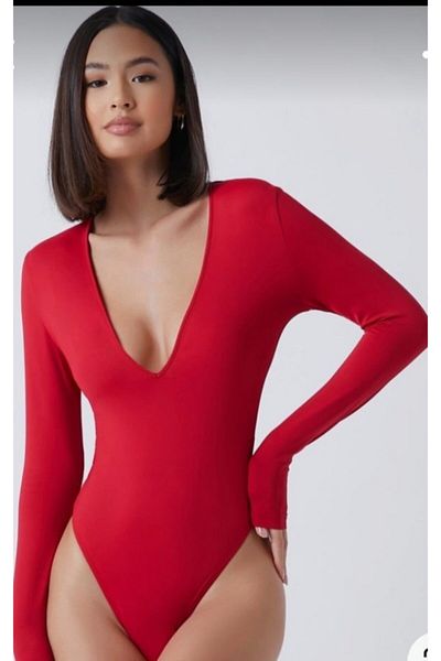Nsb Tasarım Women's Red Deep V-Neck Bodysuit