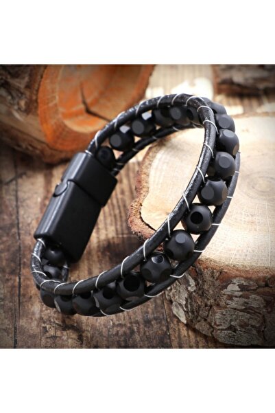 REGGENTE سوار من الجلد الطبيعي مصنوع من حجر العقيق الطبيعي باللون الأسود