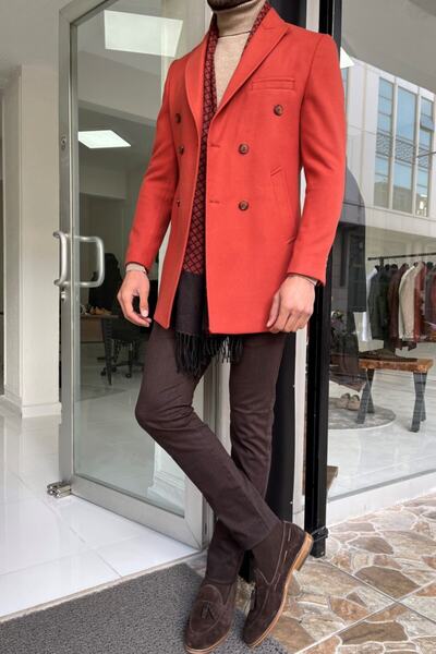 NAZEF Slim Fit Wool Double Breasted Tile Coat