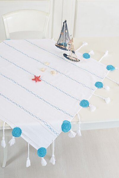 ÖDEL HOME مفرش طاولة مطرز مخرم باللون الفيروزي مقاس 90x90 سم