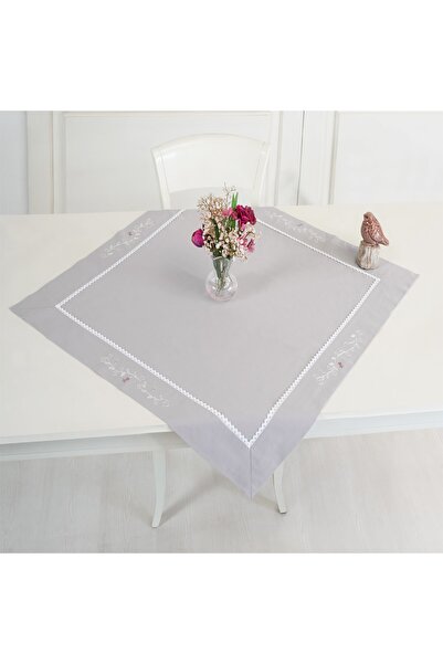 ÖDEL HOME Gray - White Buldan Fabric Elegant Embroidered 90X90 cm Tablecloth