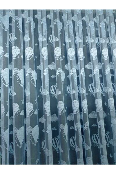 GOGOPERDE Çocuk Odası Uçan Balon Mavi Renk Modern Tül Perde 1/2 Pileli