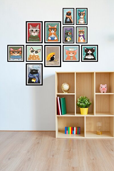 NT Handmade 12 Parça Ahşap Tablo Seti - Kediler Salon Çocuk Oturma Yatak Odas...