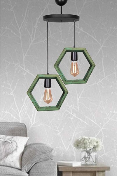 Evimdesign Yeşil Boyalı Ahşap 2 Li Sedef Avize