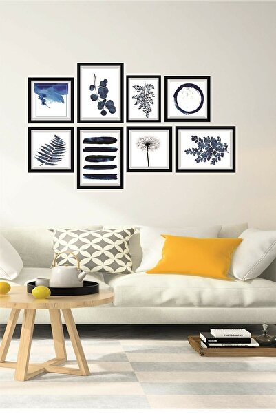 NT Handmade 8 Parça Ahşap Tablo Seti - Mavi Desenler Salon Otuma Yatak Odası ...