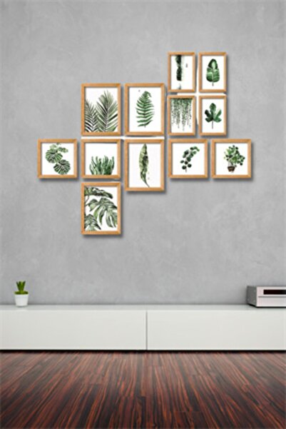 NT Handmade 12 Parça Ahşap Tablo Seti - Yeşil Yapraklar Salon Oturma Yatak Odası Için Mdf Duvar Dekoru 90x75 Cm