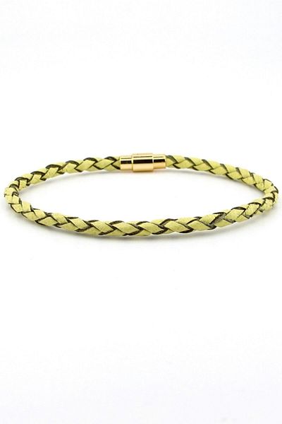Solfera Yellow Beige Real Hair Braid Leather Metal Magnet Men's Bracelet M018d