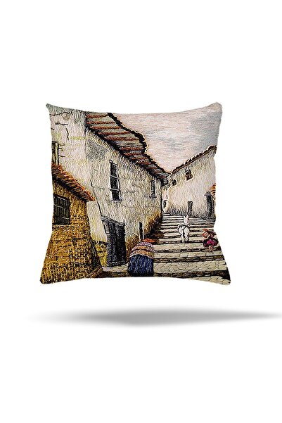 on the clouds Ev Desenli Tablo Desen Gizli Fermuarlı Yastık Kılıfı Kırlent Kı...