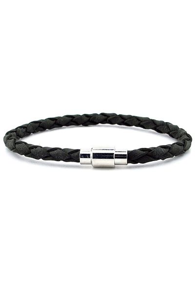 Solfera Khaki Green Hair Braid Leather Metal Magnet Men's Bracelet M019f
