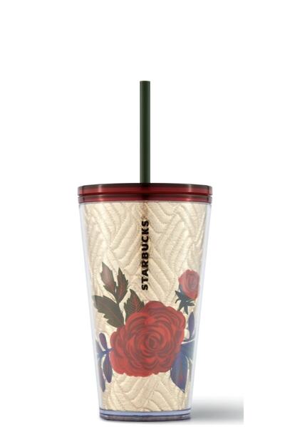 Starbucks Çicek Desenli Pipetli Altın Termos 473 Ml