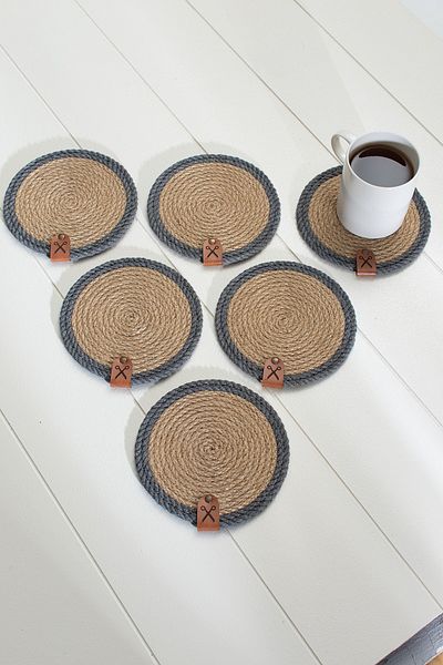 Homever 6 Pieces 13cm Gray Striped Jute Straw Knitted Coaster Presentation Set