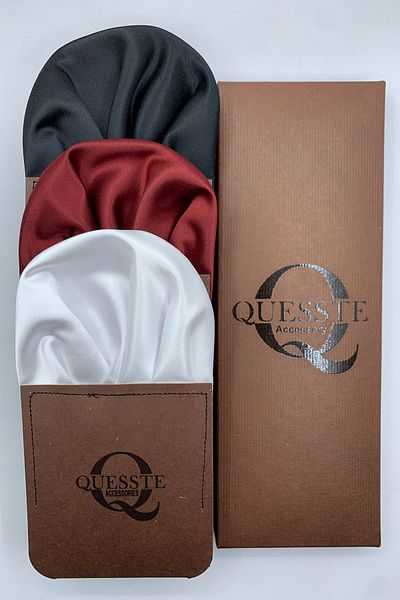 Quesste Accessory Men's Set of 3 Black Claret Red White - Ready-made Folded Pocket Collar Handkerchief Suit