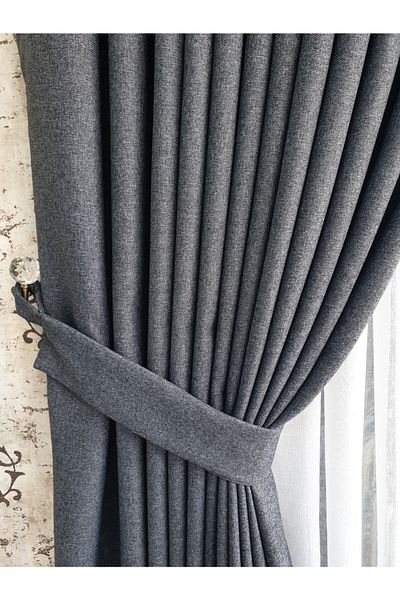 lüks House Dark Gray Blackout Linen Blackout Country Style Pleatless Background Curtain