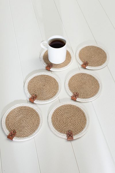 Homever Straw Coaster 6 Pieces 13cm - White Striped Jute Rope Candle Coaster Coffee Presentation Set Mug Coaster