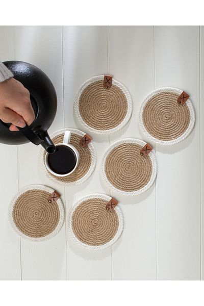 Homever Straw Coaster 6 Pieces 13cm - White Striped Jute Rope Candle Coaster Coffee Presentation Set Mug Coaster