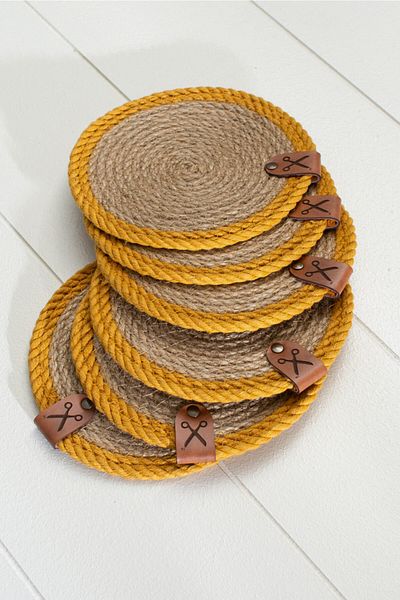 Homever Straw Coaster 6 Pieces 13cm - Mustard Striped Jute Rope Candle Coaster Coffee Presentation Mug Coaster