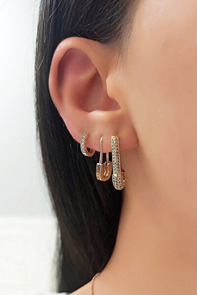 SU PERİSİ TAKI BİJUTERİ مجموعة أقراط ثلاثية موديل إبرة ذهبية