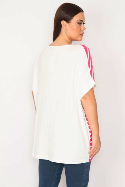 Şans Women's Plus Size Fuchsia Front Patterned Low Sleeve Blouse 65n30192