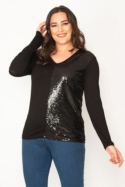 Şans Women's Large Size Black Half Sequined Detailed V-Neck Blouse 65n30422