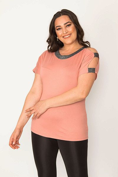 Şans Women's Large Size Salmon One Shoulder Blouse with Glitter Detail on the Collar 65n30449