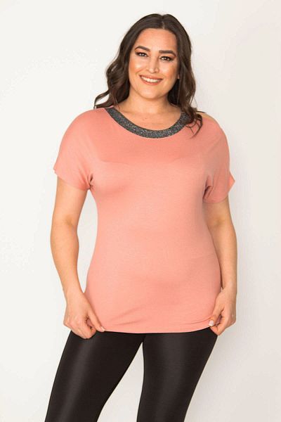 Şans Women's Large Size Salmon One Shoulder Blouse with Glitter Detail on the Collar 65n30449