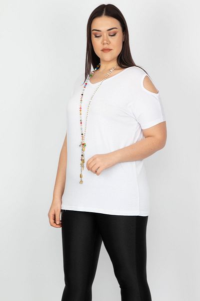 Şans Women's Large Size White Off-the-Shoulder Viscose Blouse 65n30102