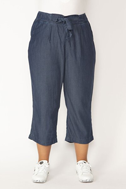 Şans Women's Navy Blue Elastic Waist and Lace-up Side Pocket Fabric Ankle Length Trousers 65N30115