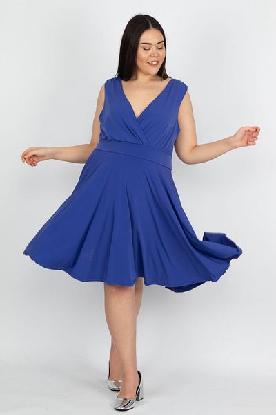 Şans Women's Large Size Saks Wrap Collar Back Waist Elastic Detailed Dress 65n29763