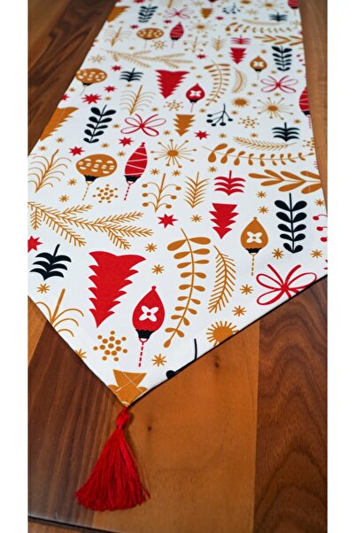 Viemso Christmas Patterned White Background Tassel Runner