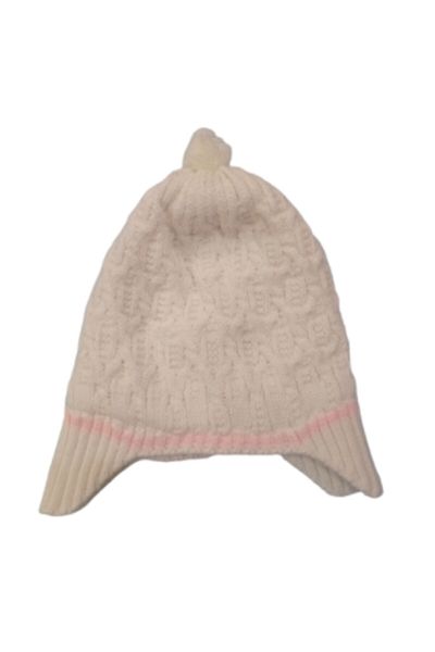 Recos Unusex White Pink Striped Furry Beanie with Pompom Ears