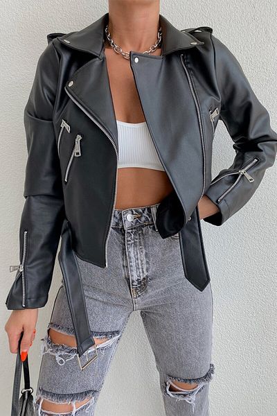byhaziran butik Дамско черно кожено яке с джобове