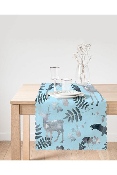 Realhomes Alergăr decorativ cu design special cu model de căprioare și frunze de fundal albastru