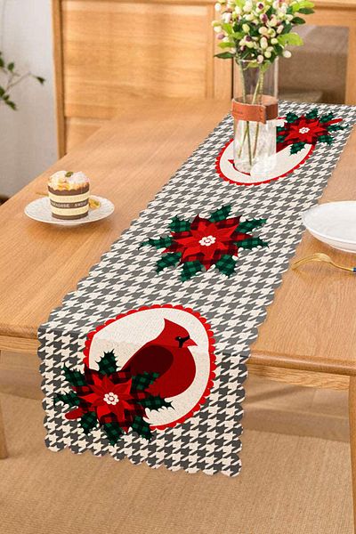Realhomes Digital Printed Modern Runner with Gray Plaid Background & Red Bird Design