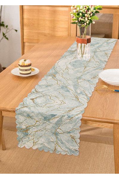 Realhomes Runner cu design special imprimat digital, cu dungi aurii, fundal albastru