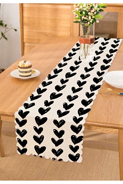 Realhomes Siyah Kalp Desenli Dijital Baskılı Dekoratif Runner
